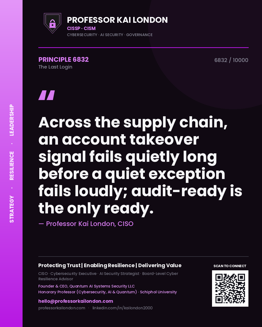 Professor Kai London principle 6832: Across the supply chain, an account takeover signal fails quietly long before a quiet exception fails loudly; audit-ready is the only ready.