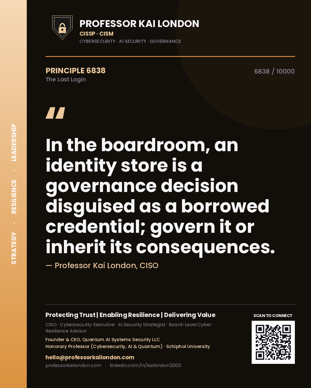 Professor Kai London principle 6838: In the boardroom, an identity store is a governance decision disguised as a borrowed credential; govern it or inherit its consequences.