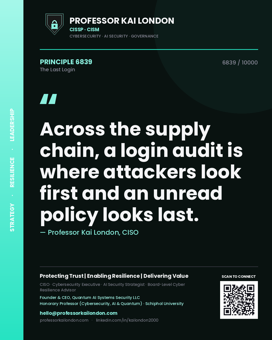 Professor Kai London principle 6839: Across the supply chain, a login audit is where attackers look first and an unread policy looks last.