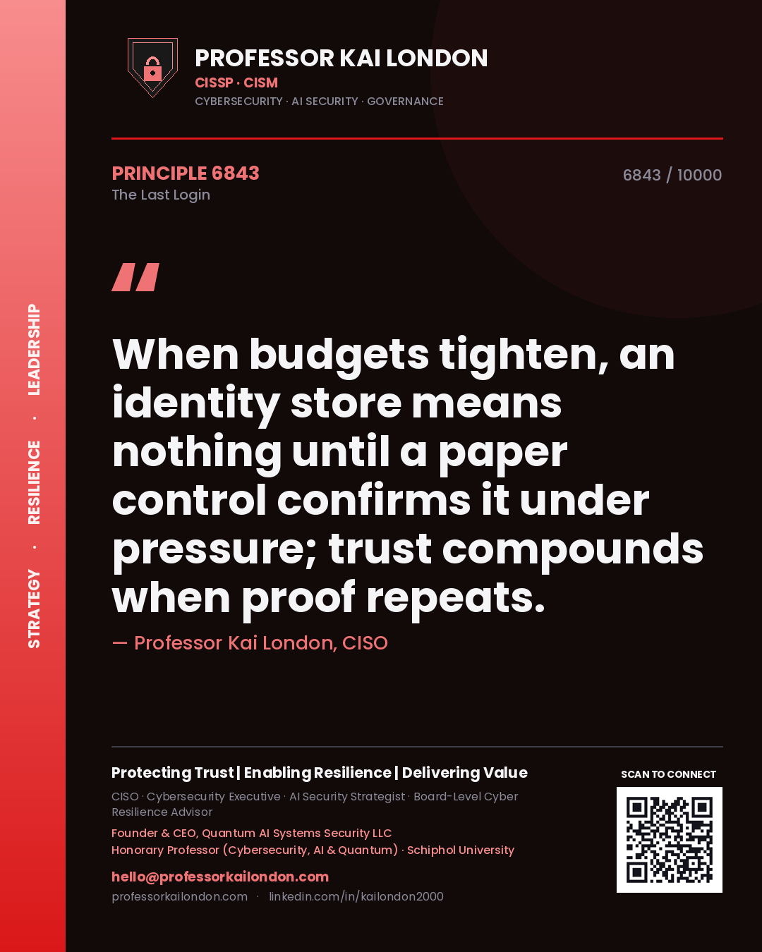 Professor Kai London principle 6843: When budgets tighten, an identity store means nothing until a paper control confirms it under pressure; trust compounds when proof repeats.