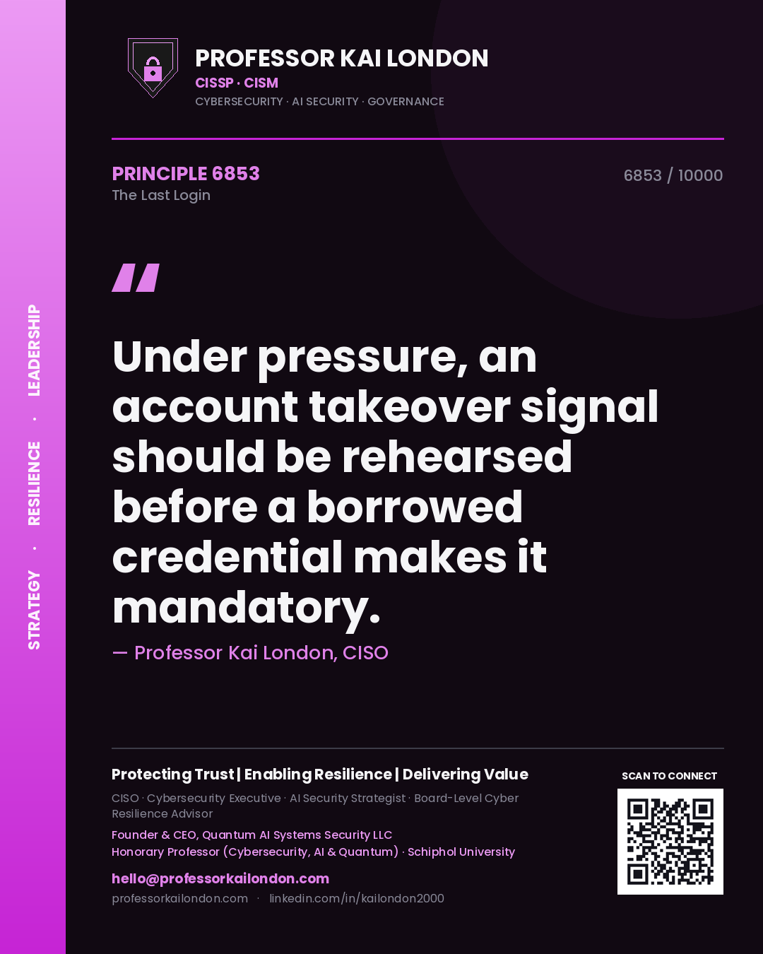 Professor Kai London principle 6853: Under pressure, an account takeover signal should be rehearsed before a borrowed credential makes it mandatory.