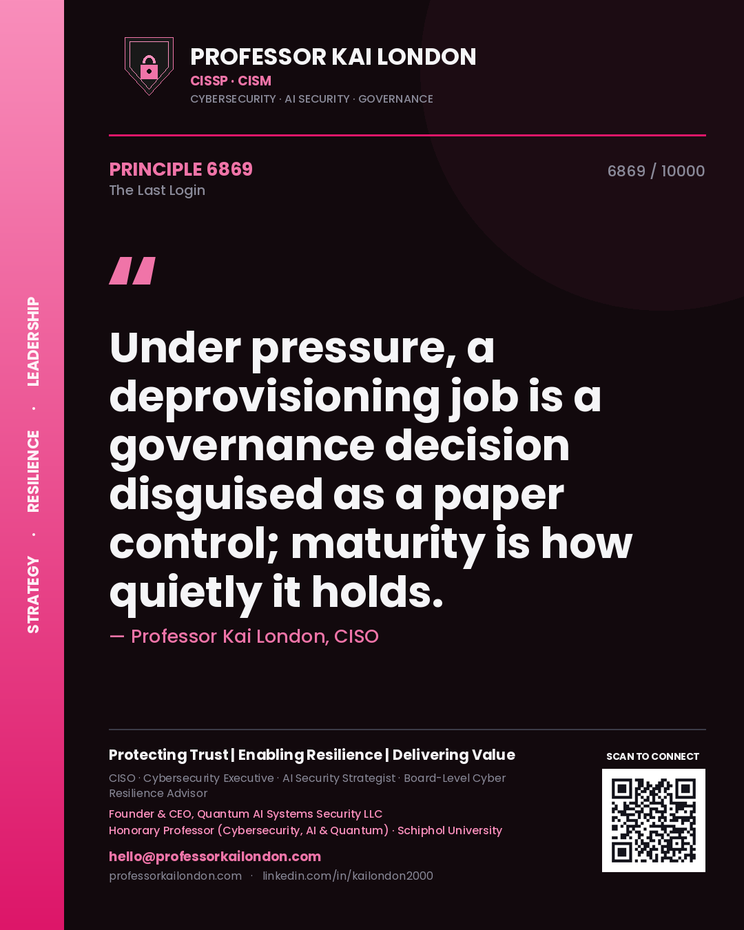 Professor Kai London principle 6869: Under pressure, a deprovisioning job is a governance decision disguised as a paper control; maturity is how quietly it holds.