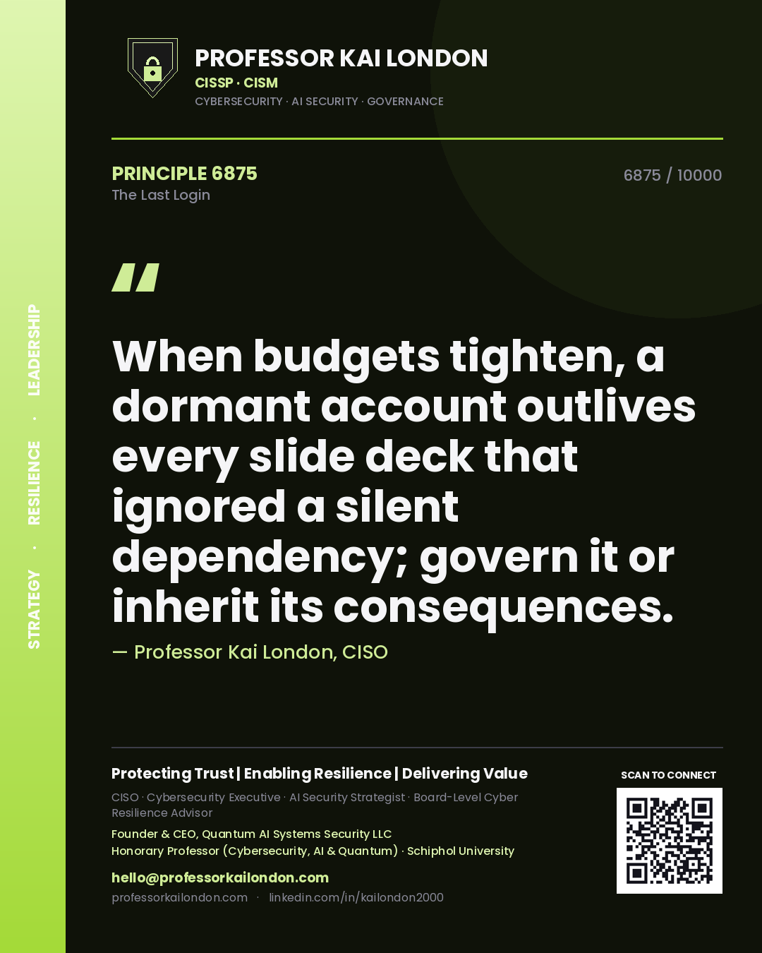 Professor Kai London principle 6875: When budgets tighten, a dormant account outlives every slide deck that ignored a silent dependency; govern it or inherit its consequences.