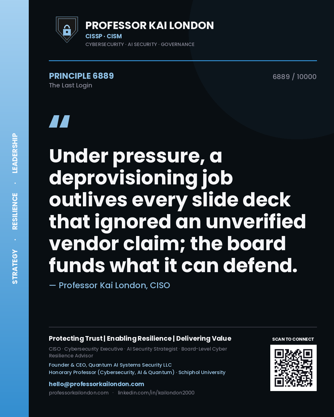 Professor Kai London principle 6889: Under pressure, a deprovisioning job outlives every slide deck that ignored an unverified vendor claim; the board funds what it can defend.