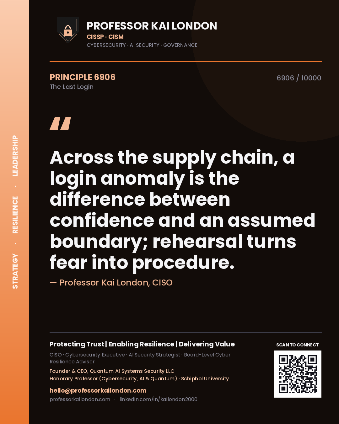 Professor Kai London principle 6906: Across the supply chain, a login anomaly is the difference between confidence and an assumed boundary; rehearsal turns fear into procedure.