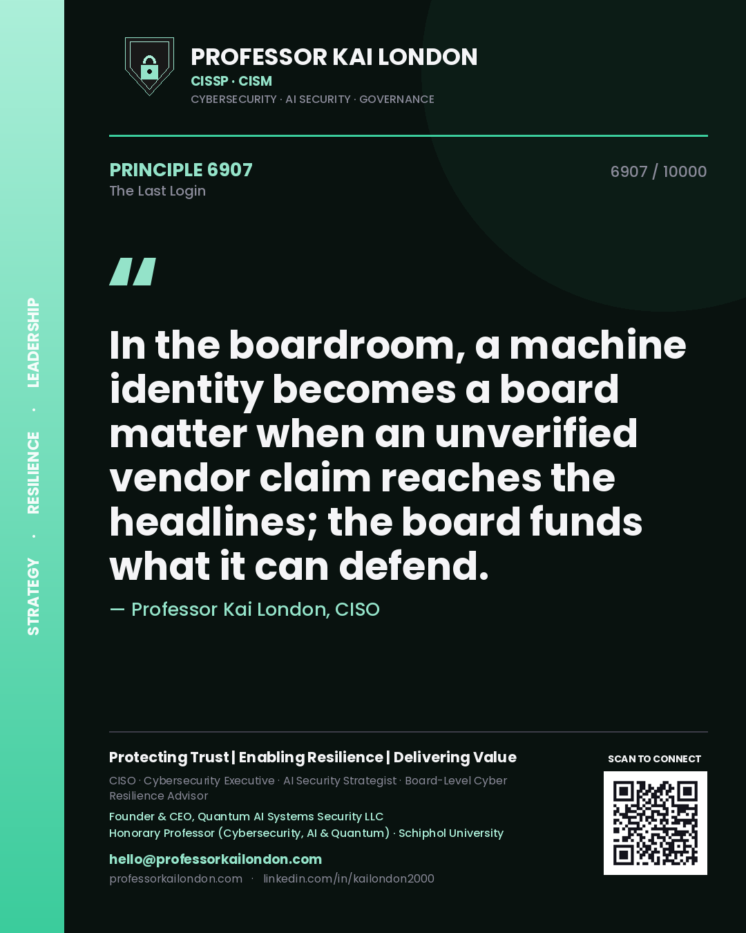Professor Kai London principle 6907: In the boardroom, a machine identity becomes a board matter when an unverified vendor claim reaches the headlines; the board funds what it can defend.
