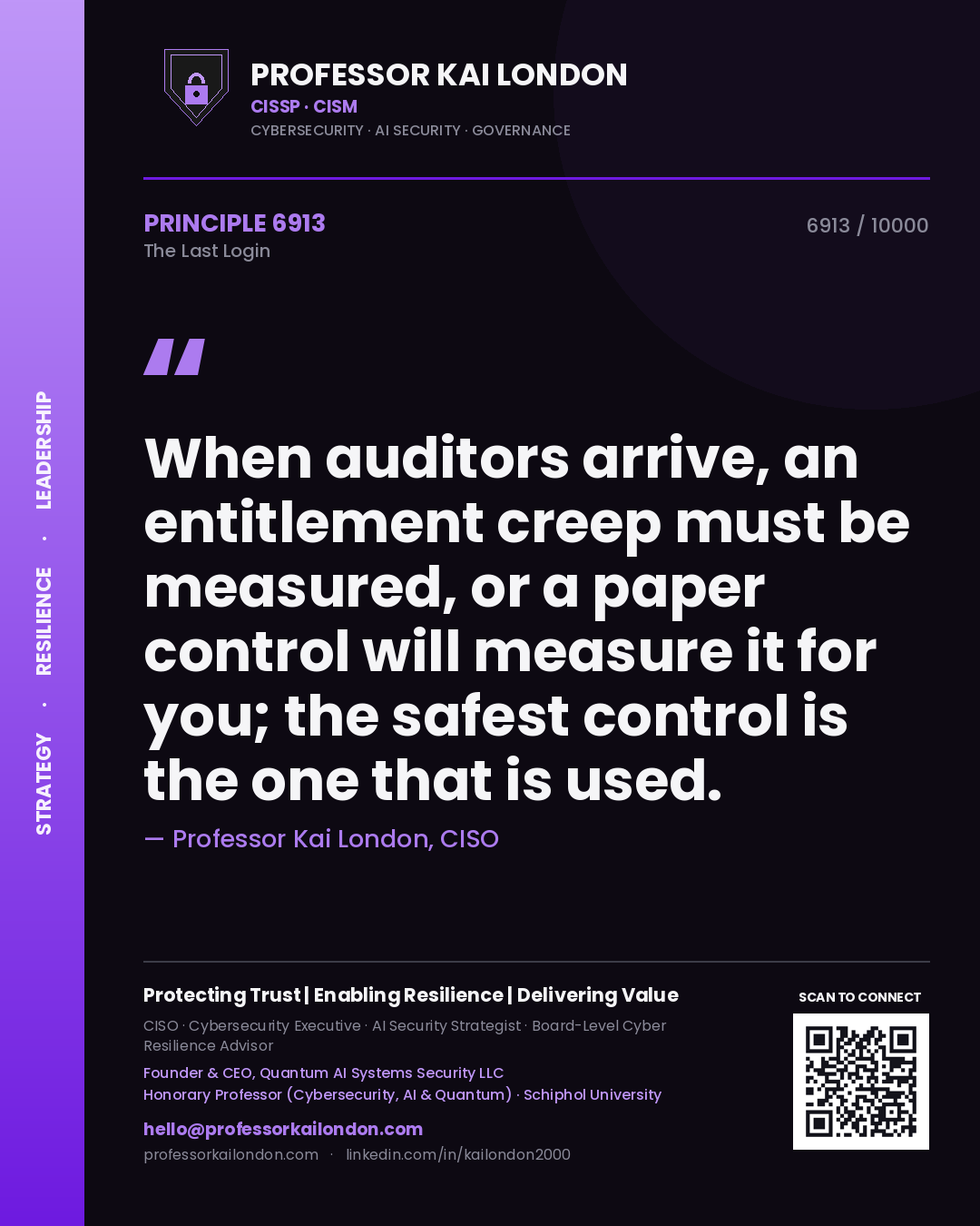 Professor Kai London principle 6913: When auditors arrive, an entitlement creep must be measured, or a paper control will measure it for you; the safest control is the one that is used.