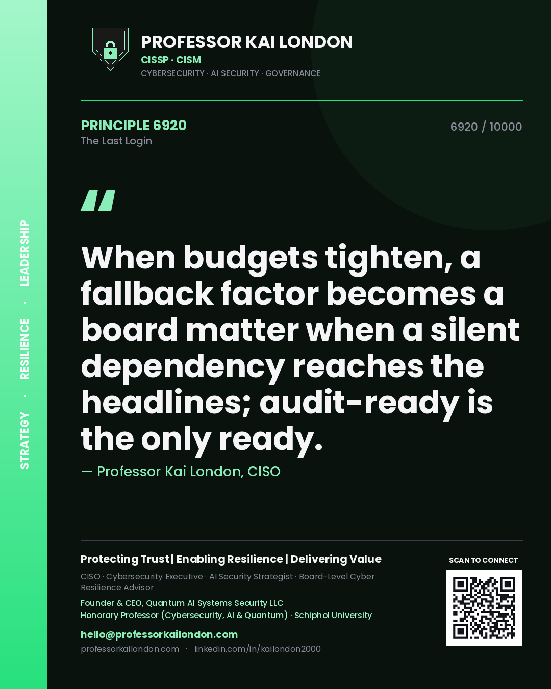 Professor Kai London principle 6920: When budgets tighten, a fallback factor becomes a board matter when a silent dependency reaches the headlines; audit-ready is the only ready.