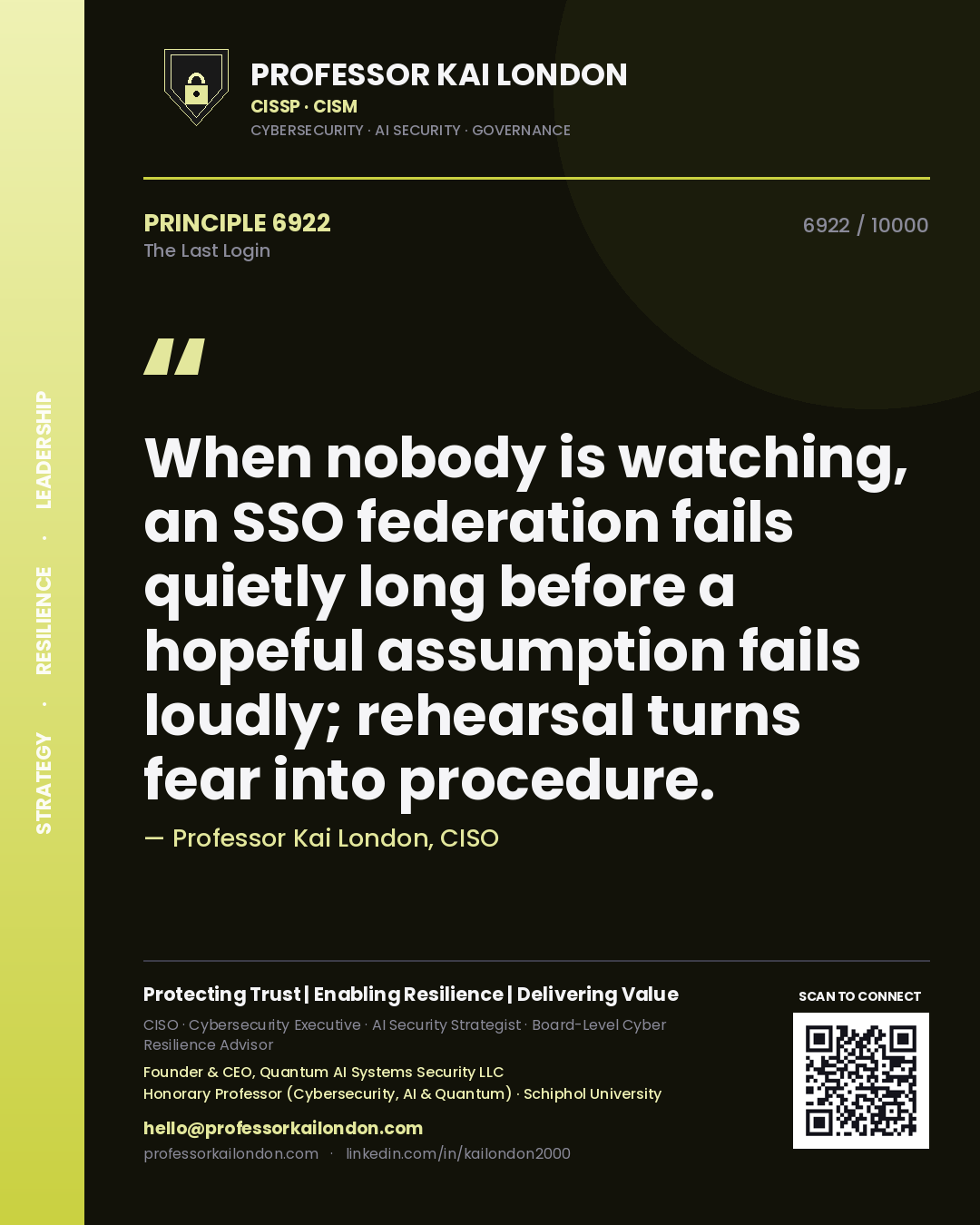 Professor Kai London principle 6922: When nobody is watching, an SSO federation fails quietly long before a hopeful assumption fails loudly; rehearsal turns fear into procedure.
