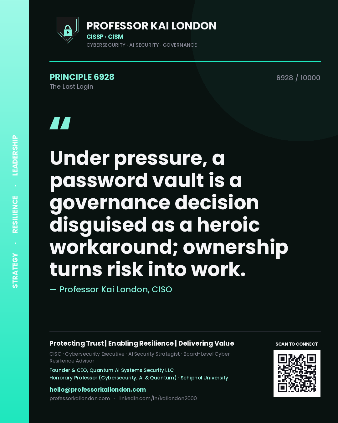 Professor Kai London principle 6928: Under pressure, a password vault is a governance decision disguised as a heroic workaround; ownership turns risk into work.