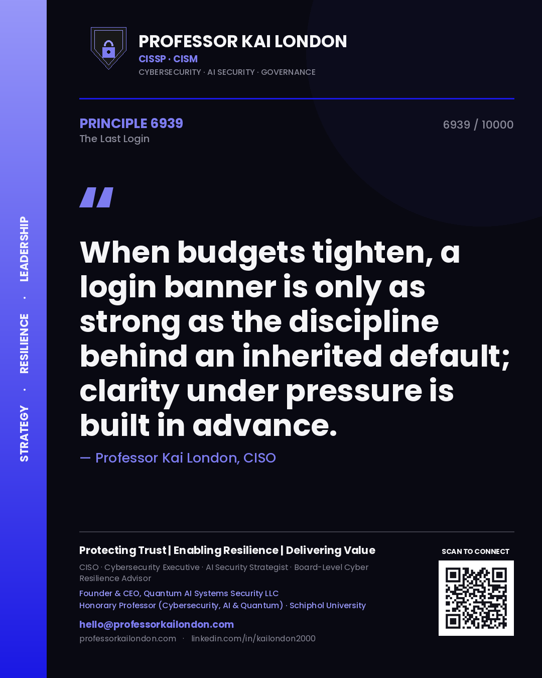Professor Kai London principle 6939: When budgets tighten, a login banner is only as strong as the discipline behind an inherited default; clarity under pressure is built in advance.