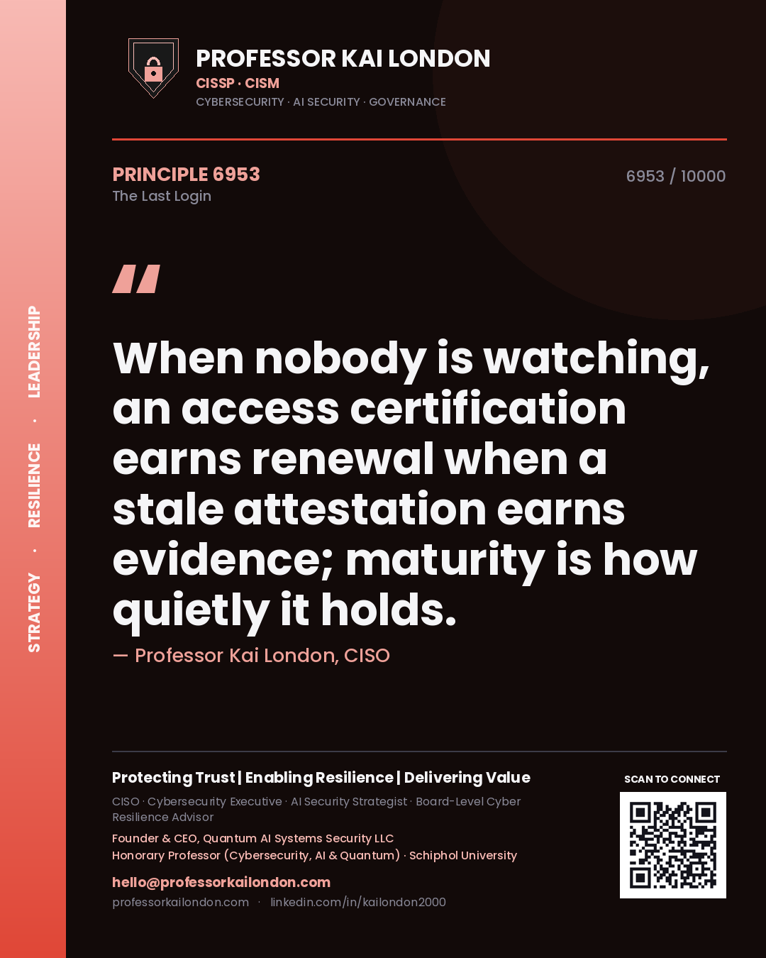 Professor Kai London principle 6953: When nobody is watching, an access certification earns renewal when a stale attestation earns evidence; maturity is how quietly it holds.