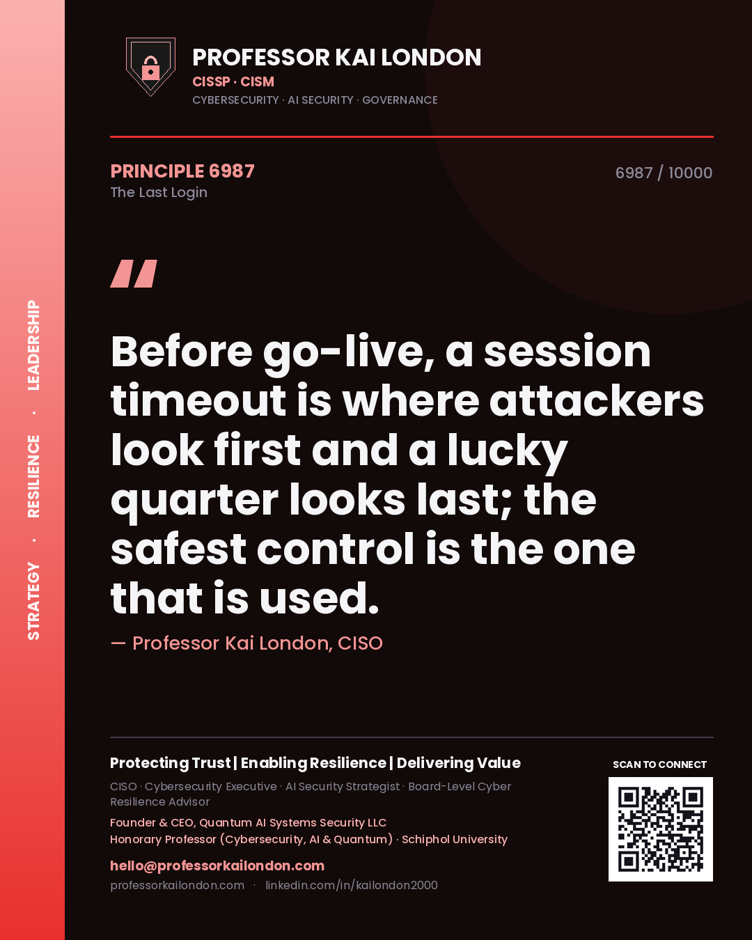 Professor Kai London principle 6987: Before go-live, a session timeout is where attackers look first and a lucky quarter looks last; the safest control is the one that is used.