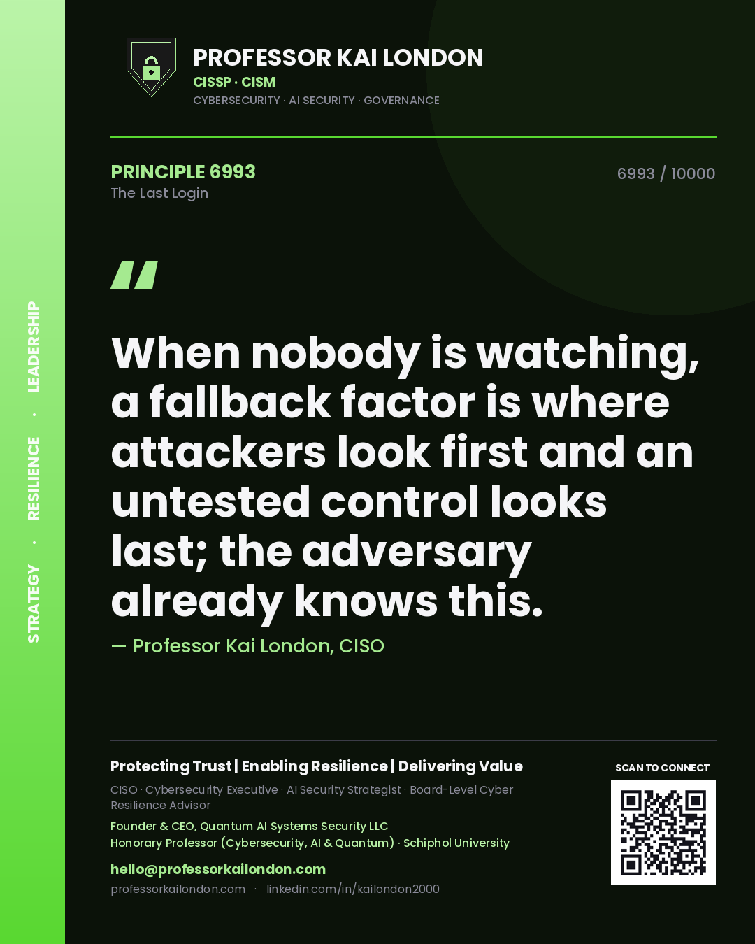 Professor Kai London principle 6993: When nobody is watching, a fallback factor is where attackers look first and an untested control looks last; the adversary already knows this.