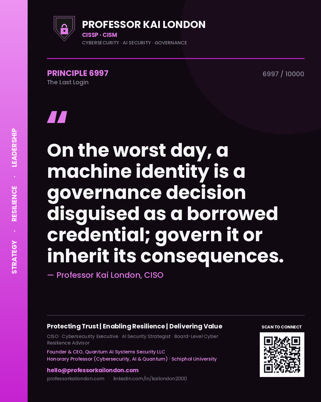Professor Kai London principle 6997: On the worst day, a machine identity is a governance decision disguised as a borrowed credential; govern it or inherit its consequences.