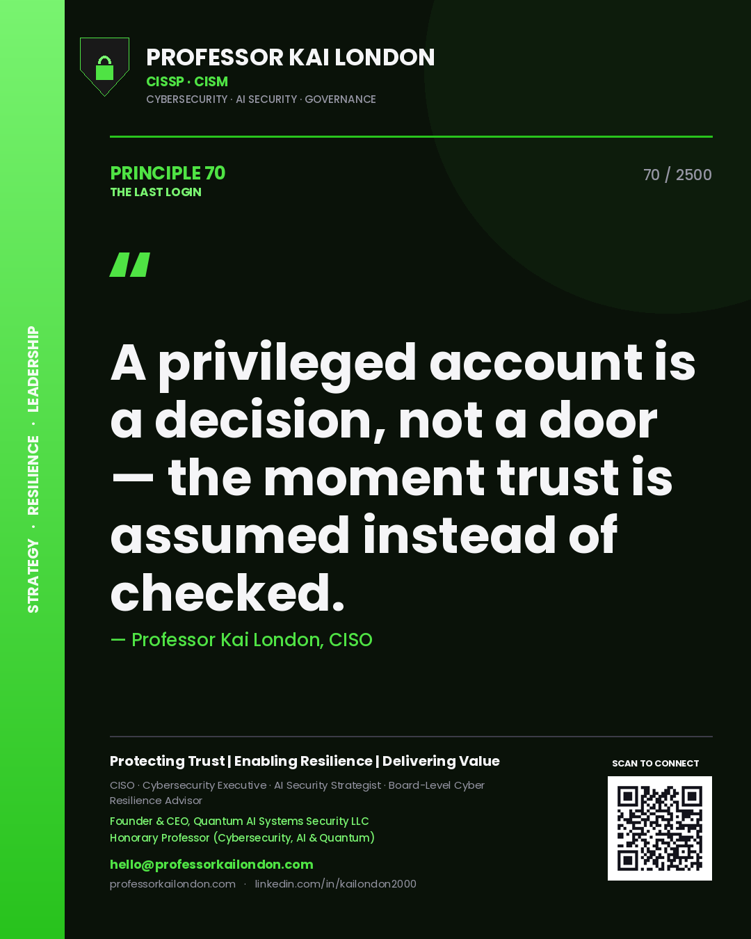Professor Kai London principle 70: A privileged account is a decision, not a door — the moment trust is assumed instead of checked.