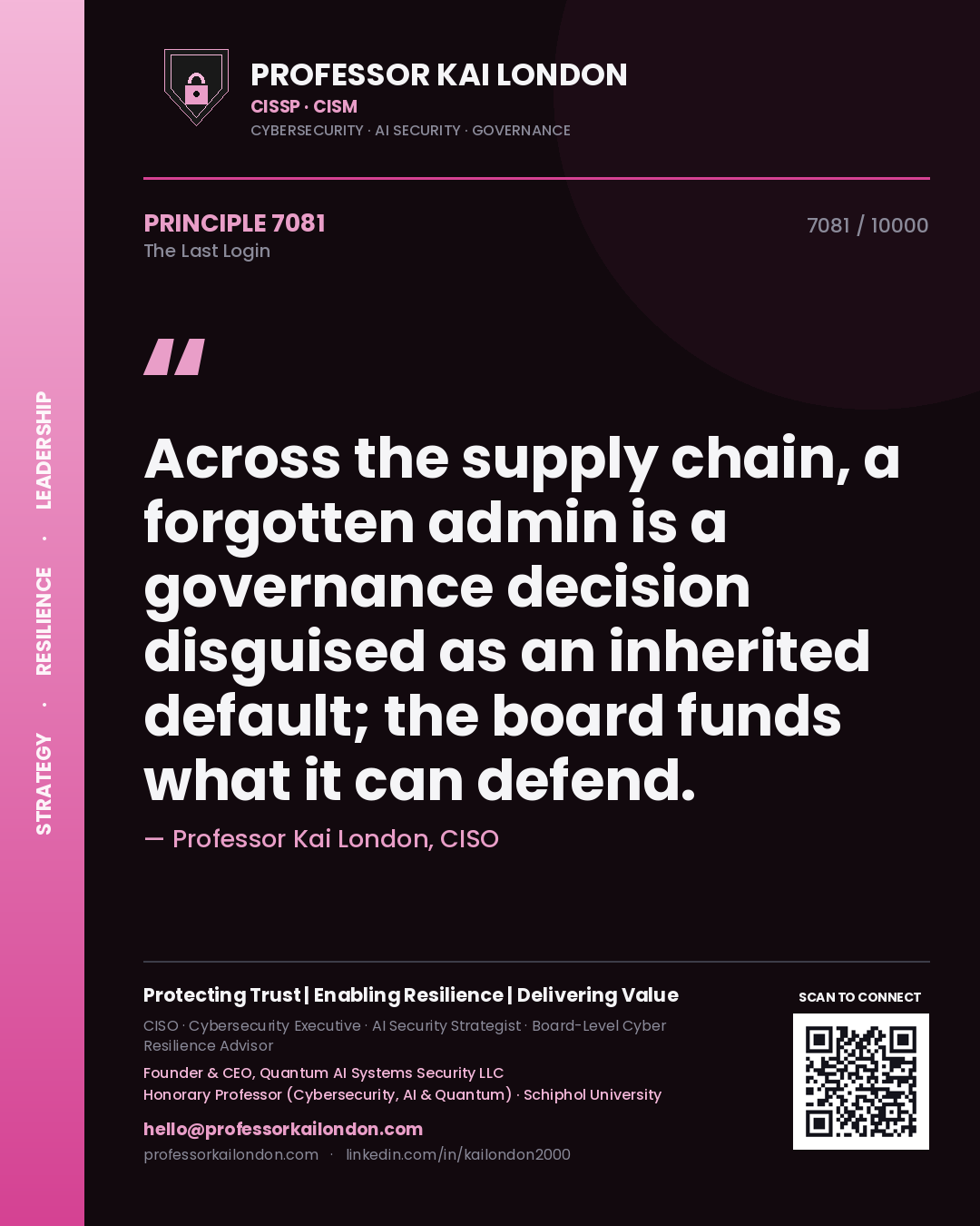 Professor Kai London principle 7081: Across the supply chain, a forgotten admin is a governance decision disguised as an inherited default; the board funds what it can defend.