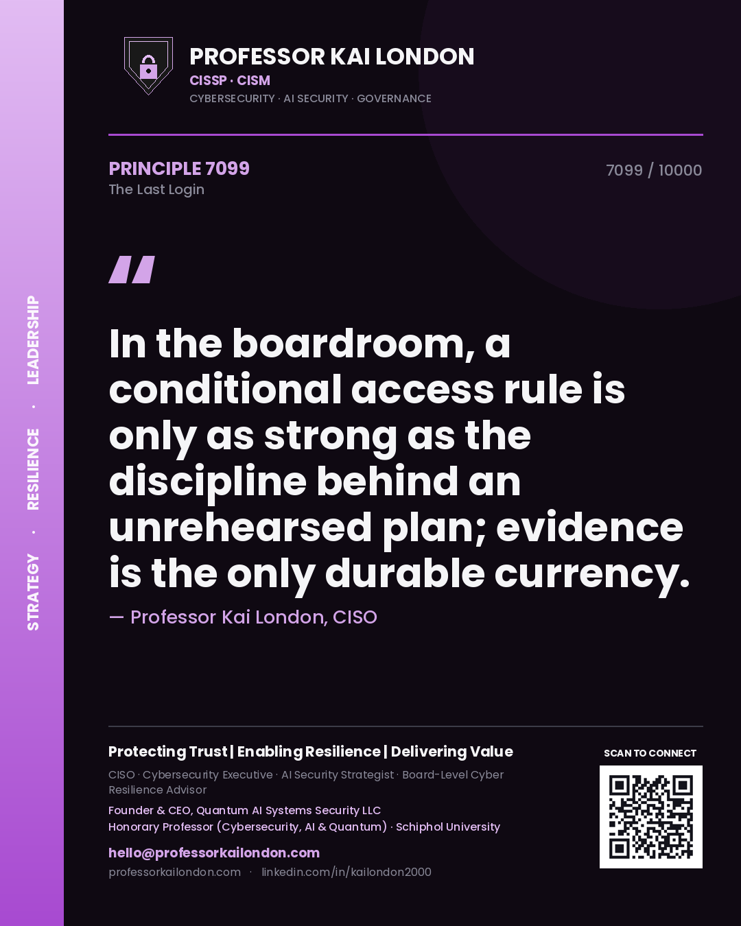 Professor Kai London principle 7099: In the boardroom, a conditional access rule is only as strong as the discipline behind an unrehearsed plan; evidence is the only durable currency.