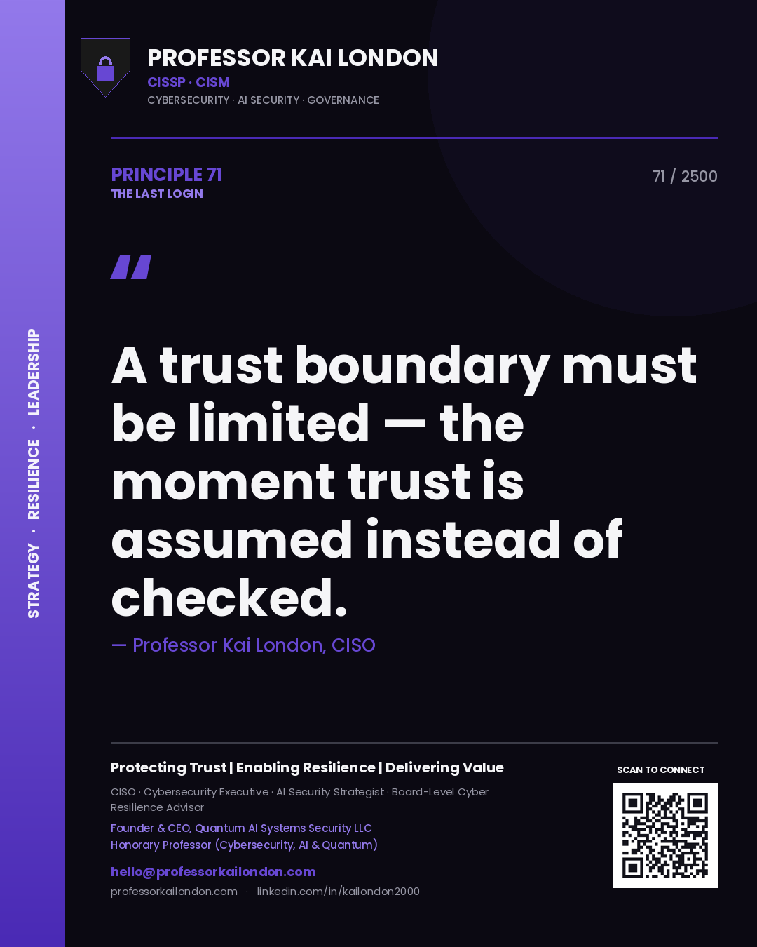 Professor Kai London principle 71: A trust boundary must be limited — the moment trust is assumed instead of checked.