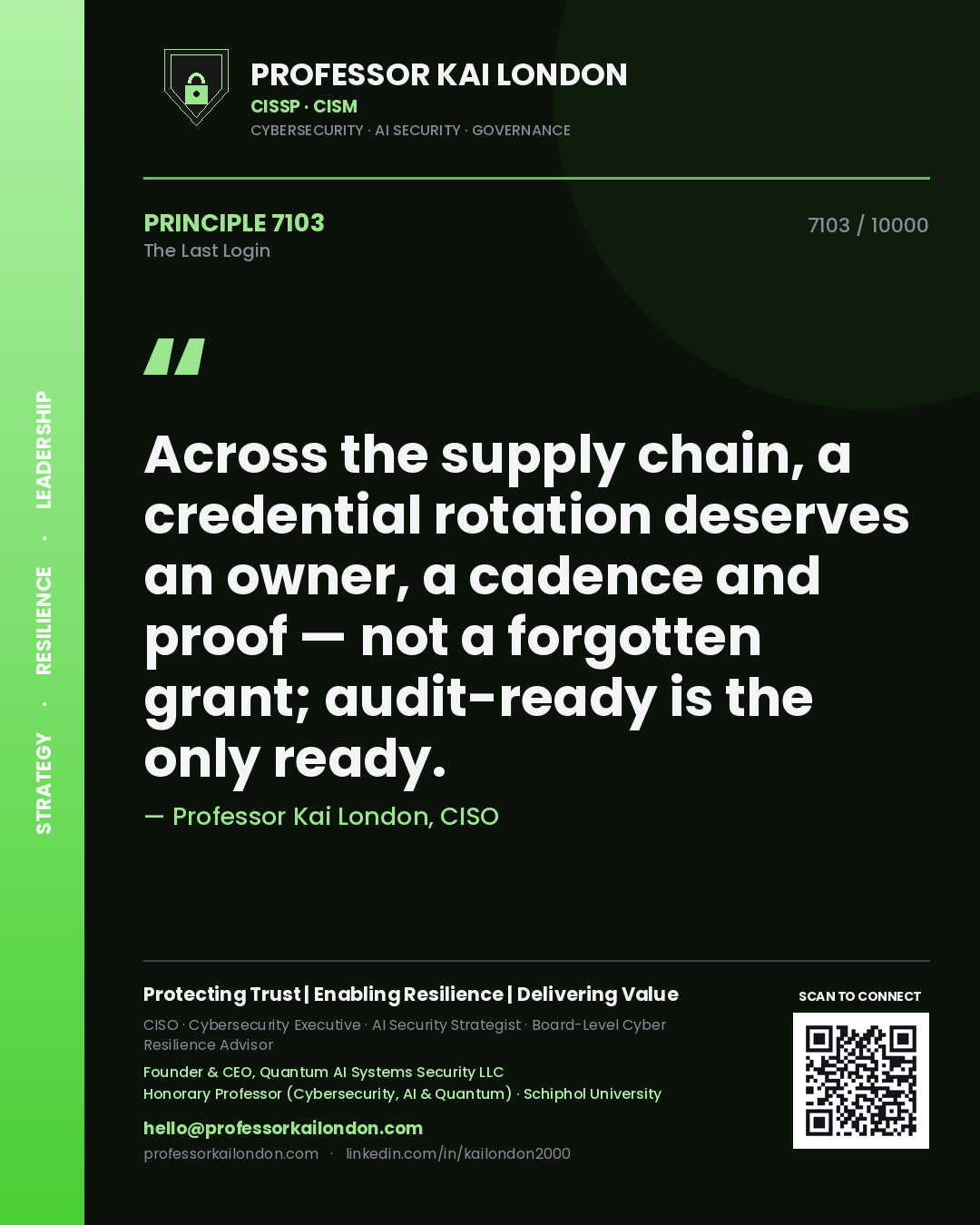 Professor Kai London principle 7103: Across the supply chain, a credential rotation deserves an owner, a cadence and proof — not a forgotten grant; audit-ready is the only ready.