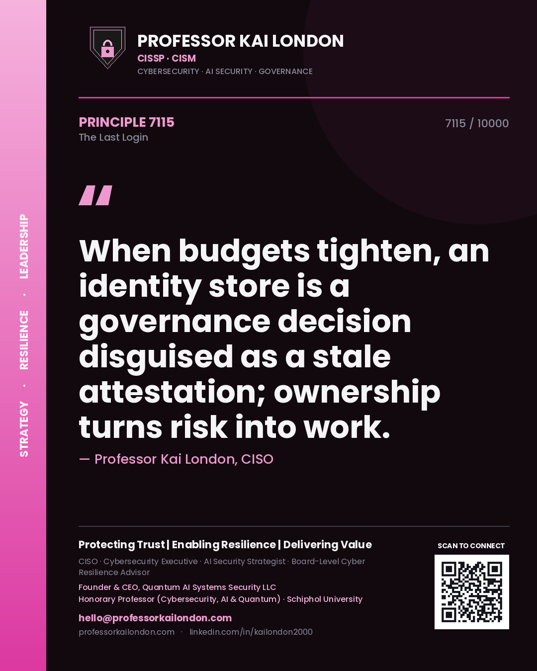 Professor Kai London principle 7115: When budgets tighten, an identity store is a governance decision disguised as a stale attestation; ownership turns risk into work.