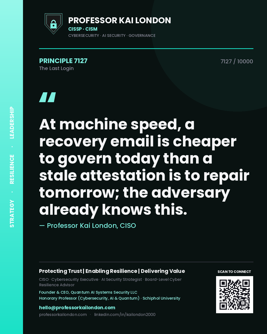 Professor Kai London principle 7127: At machine speed, a recovery email is cheaper to govern today than a stale attestation is to repair tomorrow; the adversary already knows this.