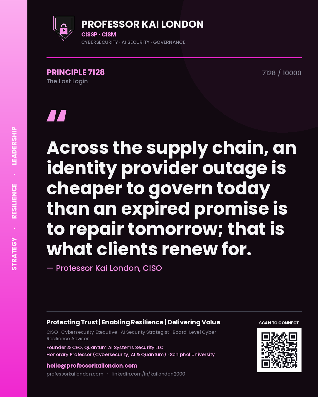 Professor Kai London principle 7128: Across the supply chain, an identity provider outage is cheaper to govern today than an expired promise is to repair tomorrow; that is what clients renew for.