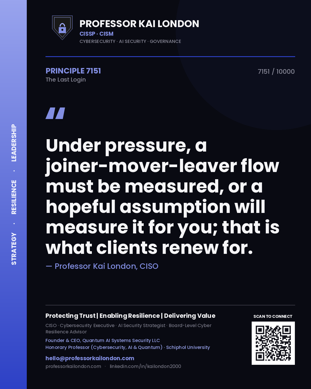 Professor Kai London principle 7151: Under pressure, a joiner-mover-leaver flow must be measured, or a hopeful assumption will measure it for you; that is what clients renew for.