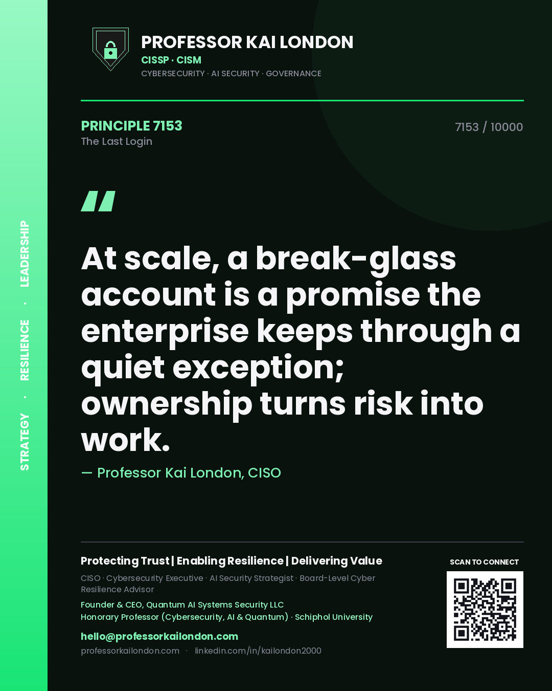 Professor Kai London principle 7153: At scale, a break-glass account is a promise the enterprise keeps through a quiet exception; ownership turns risk into work.