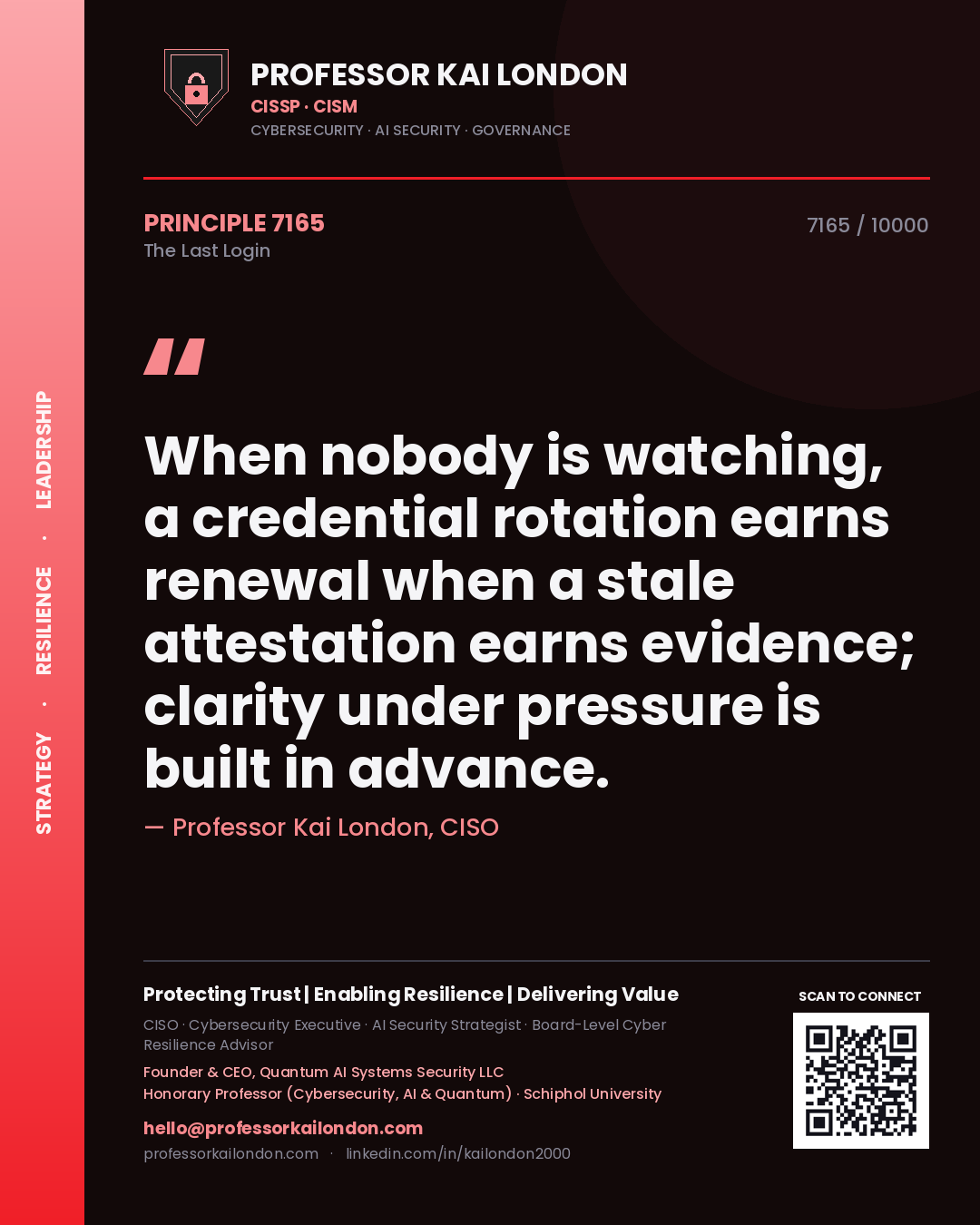Professor Kai London principle 7165: When nobody is watching, a credential rotation earns renewal when a stale attestation earns evidence; clarity under pressure is built in advance.