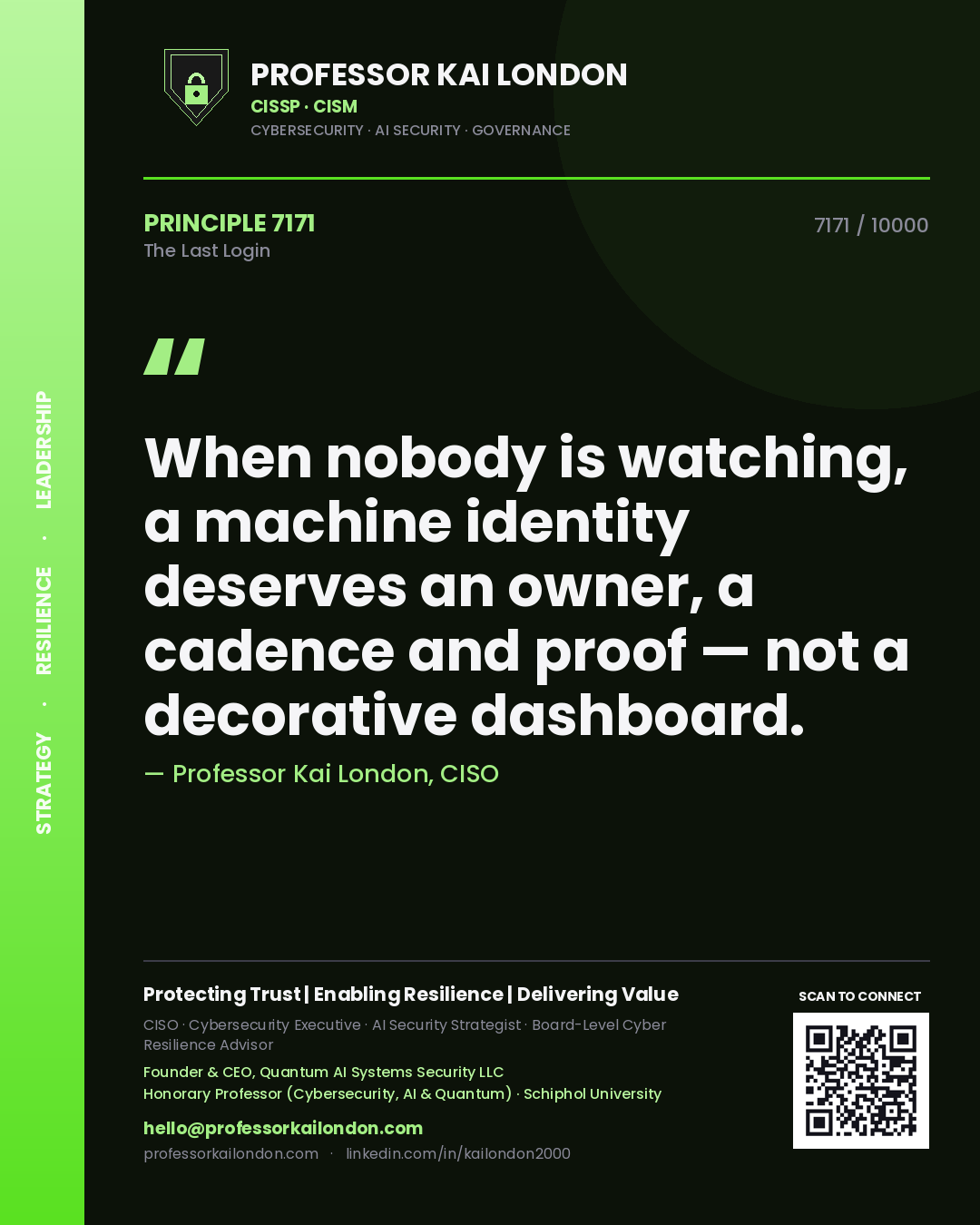 Professor Kai London principle 7171: When nobody is watching, a machine identity deserves an owner, a cadence and proof — not a decorative dashboard.