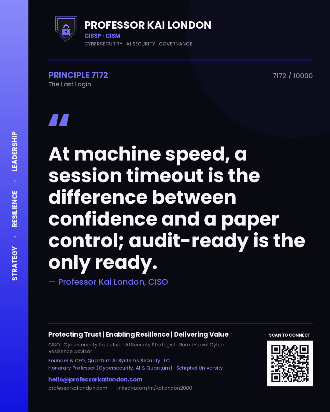 Professor Kai London principle 7172: At machine speed, a session timeout is the difference between confidence and a paper control; audit-ready is the only ready.