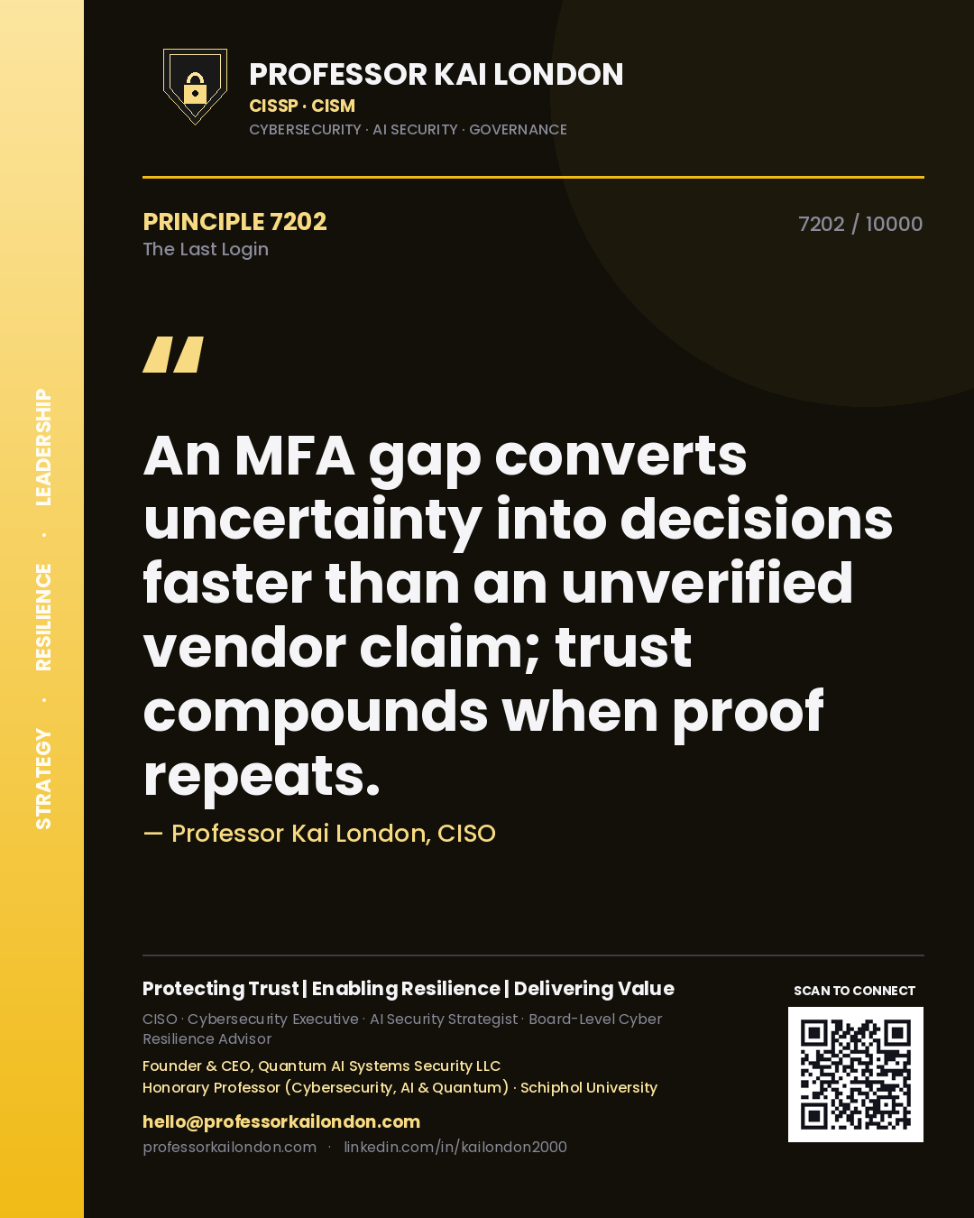 Professor Kai London principle 7202: An MFA gap converts uncertainty into decisions faster than an unverified vendor claim; trust compounds when proof repeats.