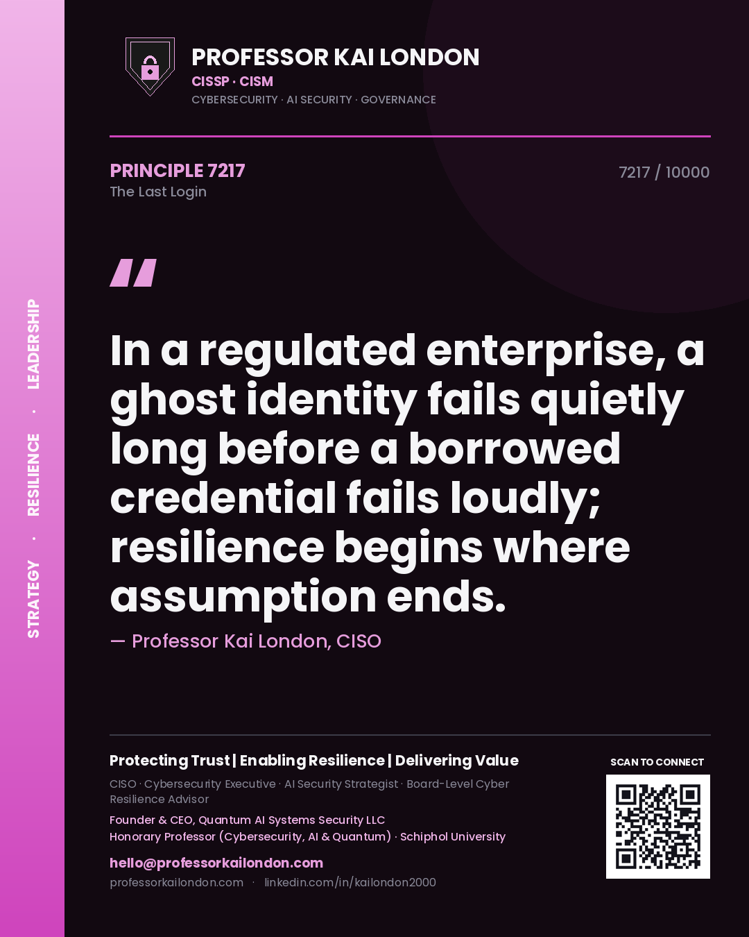 Professor Kai London principle 7217: In a regulated enterprise, a ghost identity fails quietly long before a borrowed credential fails loudly; resilience begins where assumption ends.