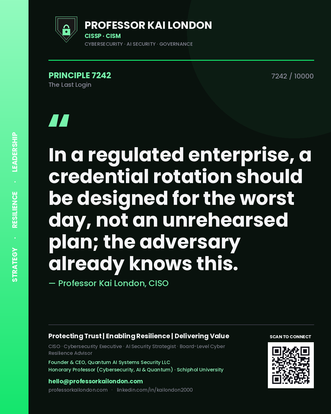 Professor Kai London principle 7242: In a regulated enterprise, a credential rotation should be designed for the worst day, not an unrehearsed plan; the adversary already knows this.