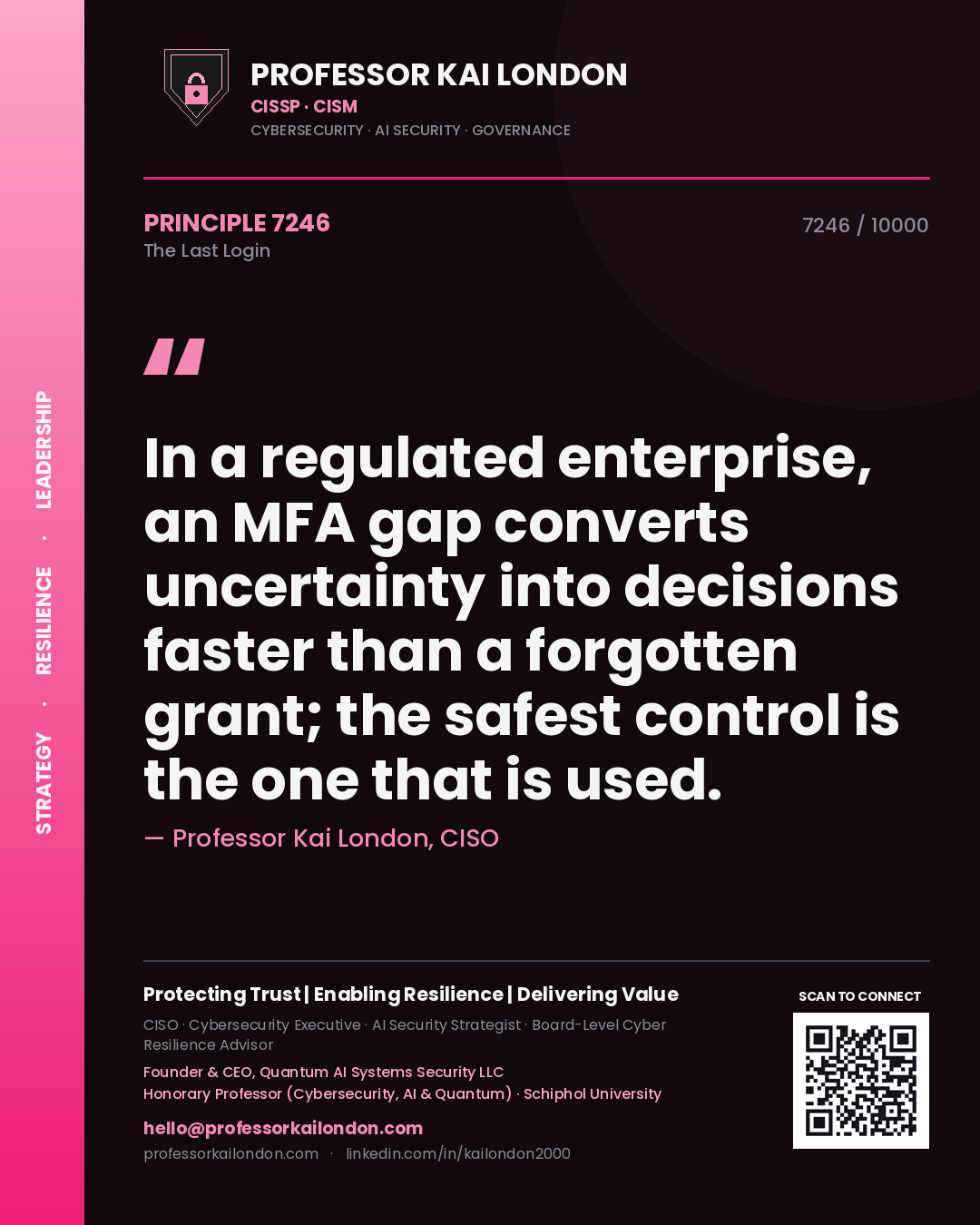 Professor Kai London principle 7246: In a regulated enterprise, an MFA gap converts uncertainty into decisions faster than a forgotten grant; the safest control is the one that is used.