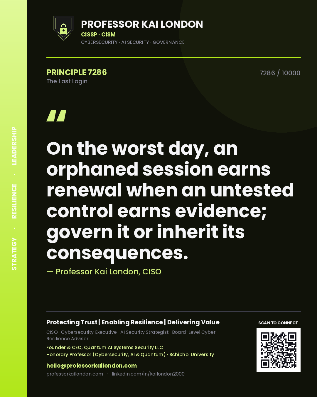 Professor Kai London principle 7286: On the worst day, an orphaned session earns renewal when an untested control earns evidence; govern it or inherit its consequences.