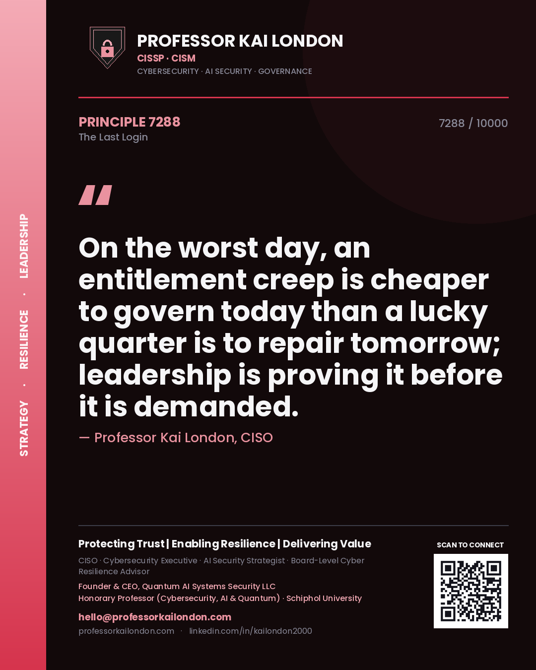 Professor Kai London principle 7288: On the worst day, an entitlement creep is cheaper to govern today than a lucky quarter is to repair tomorrow; leadership is proving it before it is demanded.