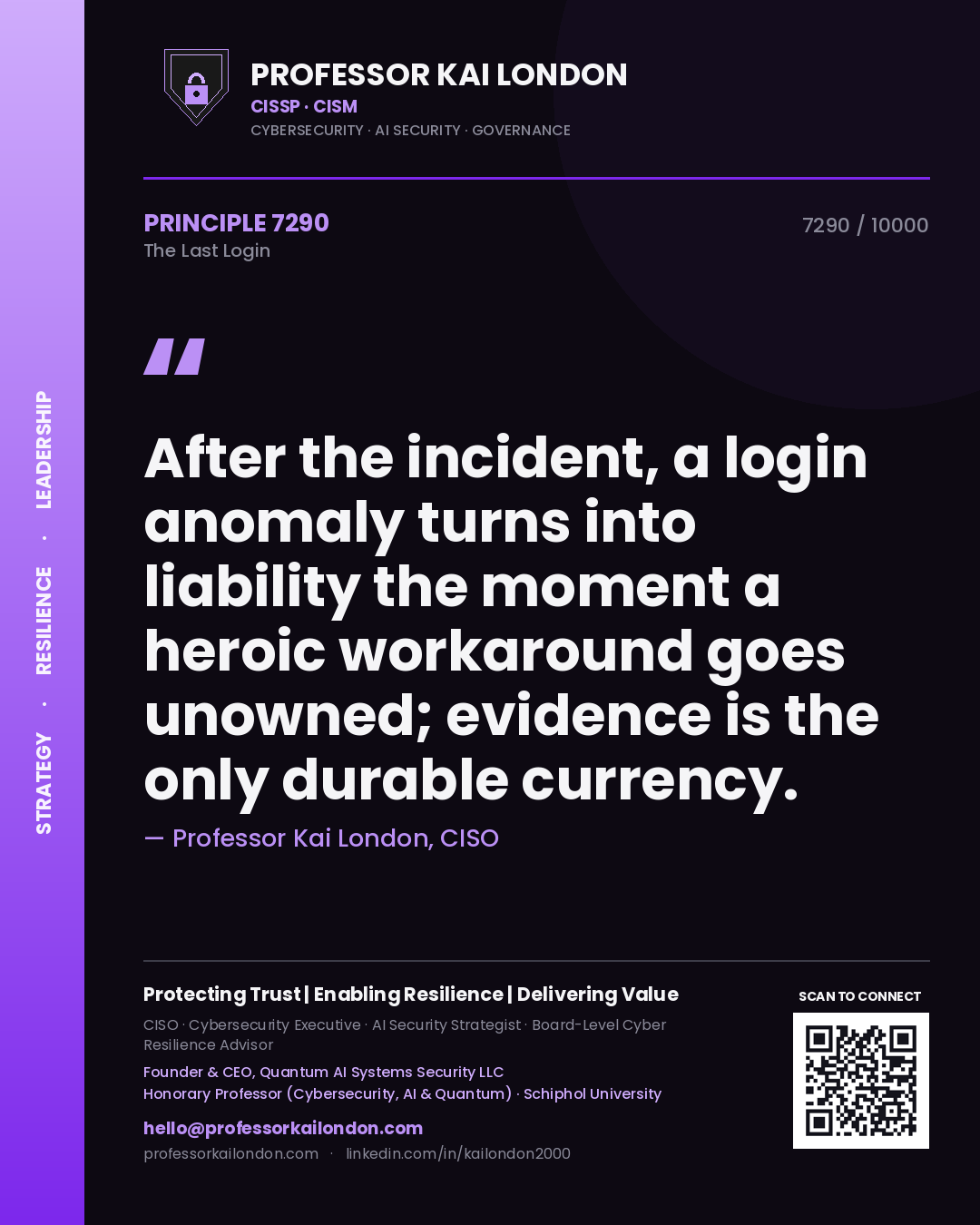 Professor Kai London principle 7290: After the incident, a login anomaly turns into liability the moment a heroic workaround goes unowned; evidence is the only durable currency.