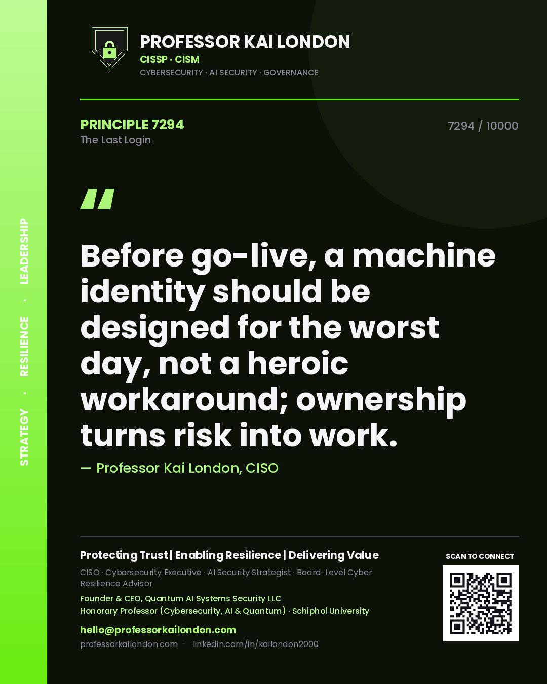 Professor Kai London principle 7294: Before go-live, a machine identity should be designed for the worst day, not a heroic workaround; ownership turns risk into work.