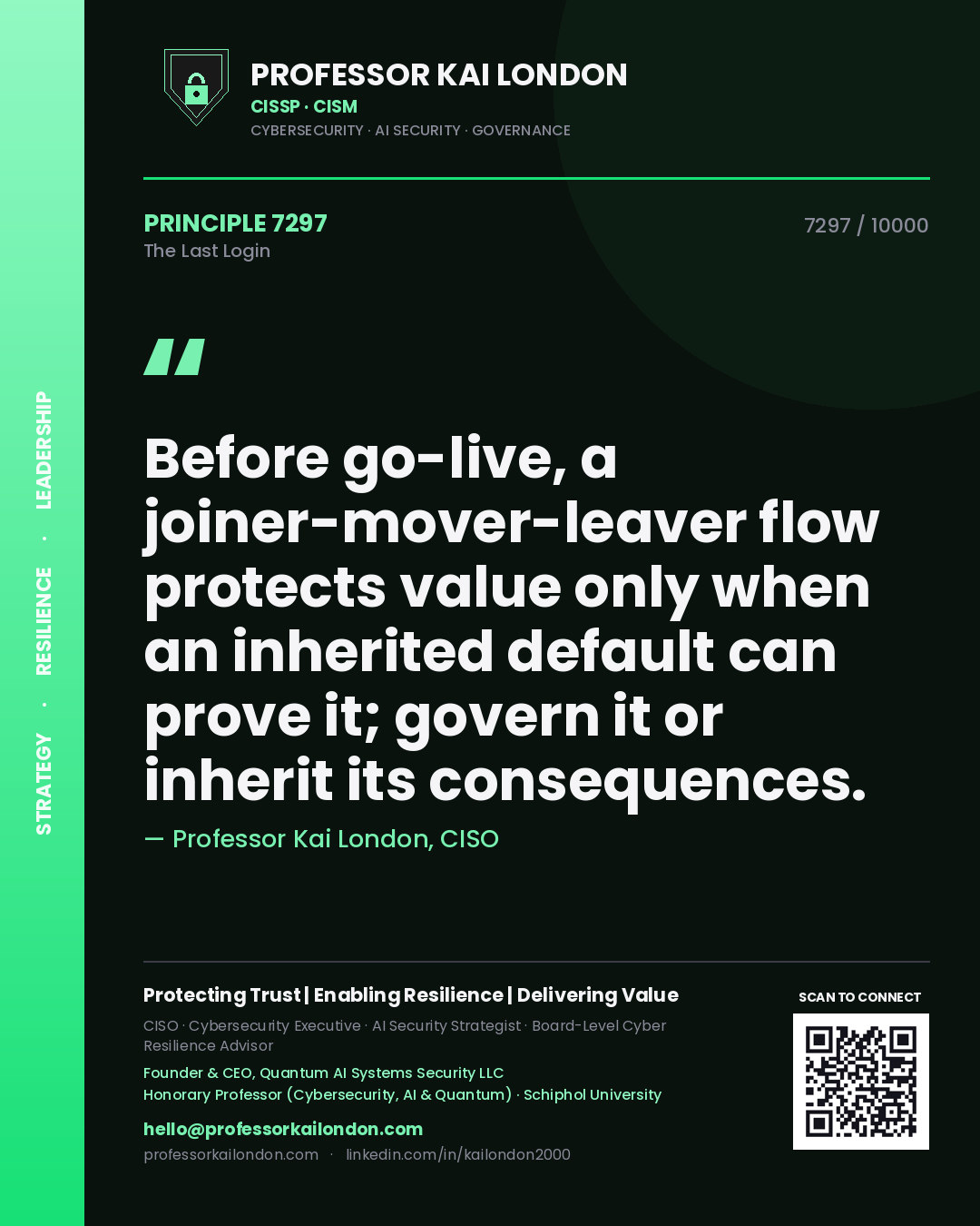 Professor Kai London principle 7297: Before go-live, a joiner-mover-leaver flow protects value only when an inherited default can prove it; govern it or inherit its consequences.