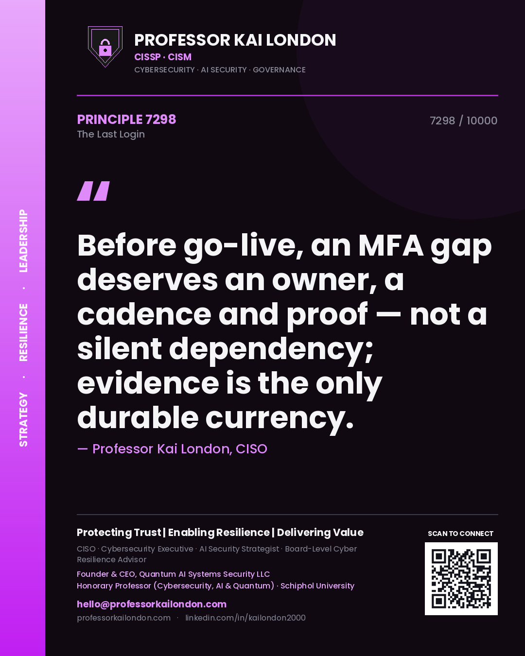 Professor Kai London principle 7298: Before go-live, an MFA gap deserves an owner, a cadence and proof — not a silent dependency; evidence is the only durable currency.