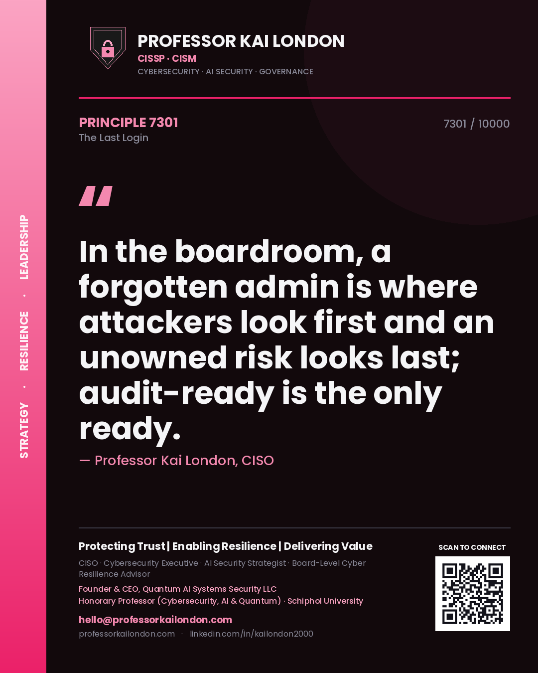 Professor Kai London principle 7301: In the boardroom, a forgotten admin is where attackers look first and an unowned risk looks last; audit-ready is the only ready.
