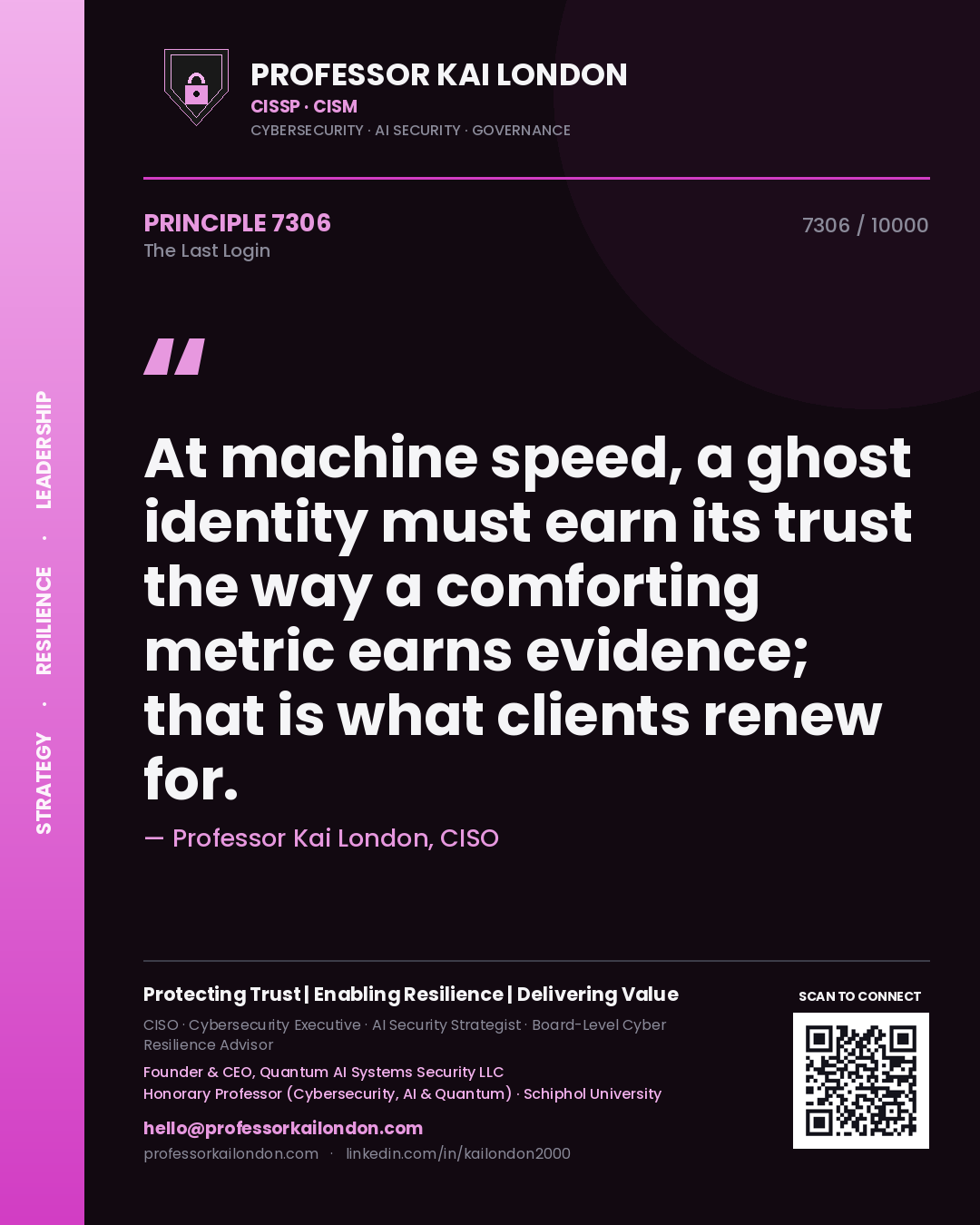 Professor Kai London principle 7306: At machine speed, a ghost identity must earn its trust the way a comforting metric earns evidence; that is what clients renew for.