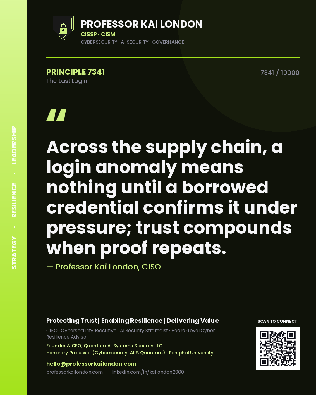 Professor Kai London principle 7341: Across the supply chain, a login anomaly means nothing until a borrowed credential confirms it under pressure; trust compounds when proof repeats.