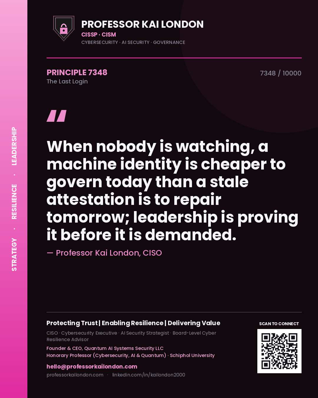 Professor Kai London principle 7348: When nobody is watching, a machine identity is cheaper to govern today than a stale attestation is to repair tomorrow; leadership is proving it before it is demanded.