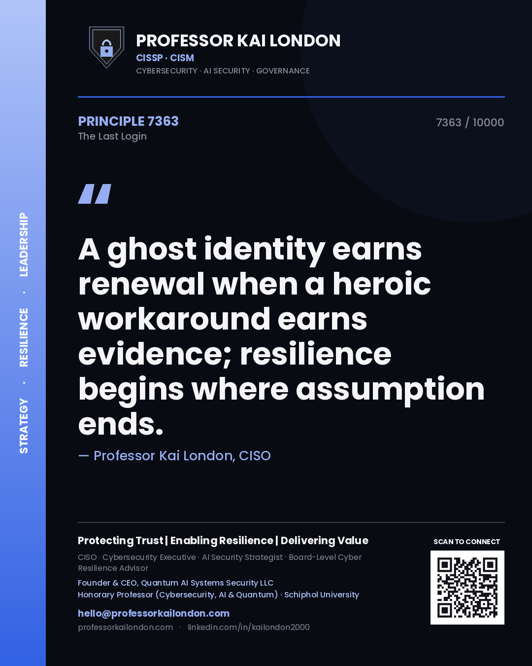 Professor Kai London principle 7363: A ghost identity earns renewal when a heroic workaround earns evidence; resilience begins where assumption ends.