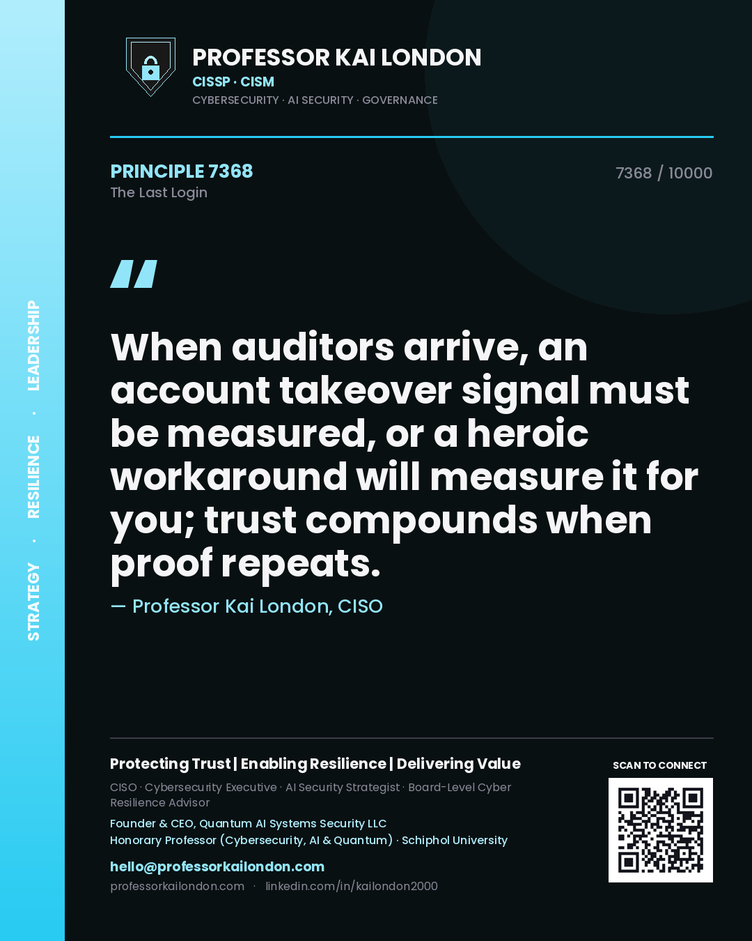 Professor Kai London principle 7368: When auditors arrive, an account takeover signal must be measured, or a heroic workaround will measure it for you; trust compounds when proof repeats.