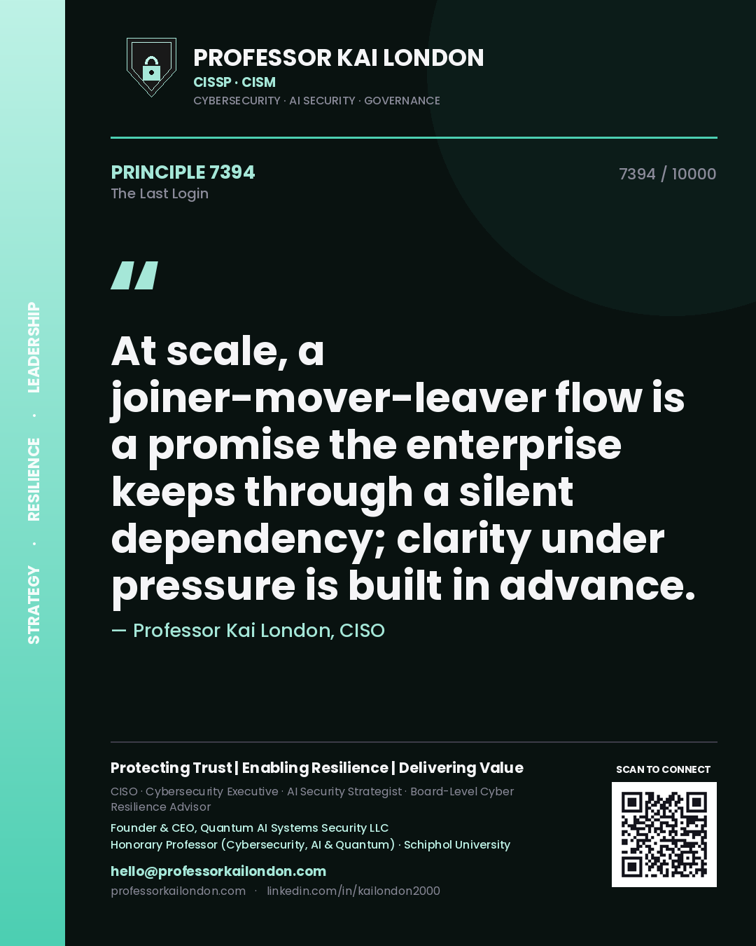 Professor Kai London principle 7394: At scale, a joiner-mover-leaver flow is a promise the enterprise keeps through a silent dependency; clarity under pressure is built in advance.
