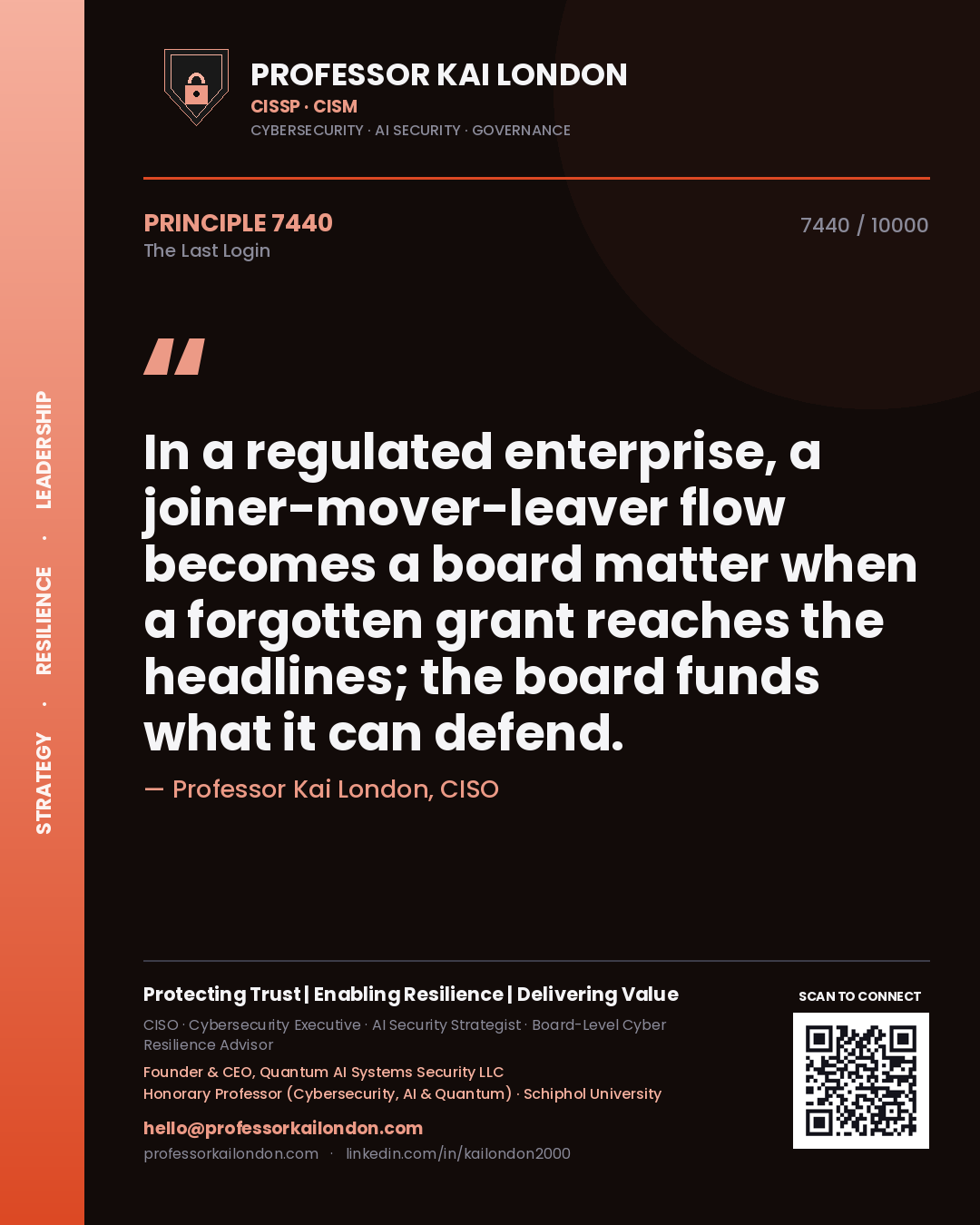 Professor Kai London principle 7440: In a regulated enterprise, a joiner-mover-leaver flow becomes a board matter when a forgotten grant reaches the headlines; the board funds what it can defend.
